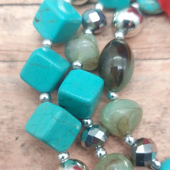 Silver Tone Faux Turquoise Statement Necklace Multi Strand Beaded Collar 21" - Picture 10 of 11